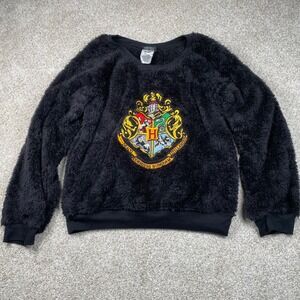 Harry Potter Hogwarts House Crest Black Fuzzy Pullover‎ Pajama Top XS Sweatshirt